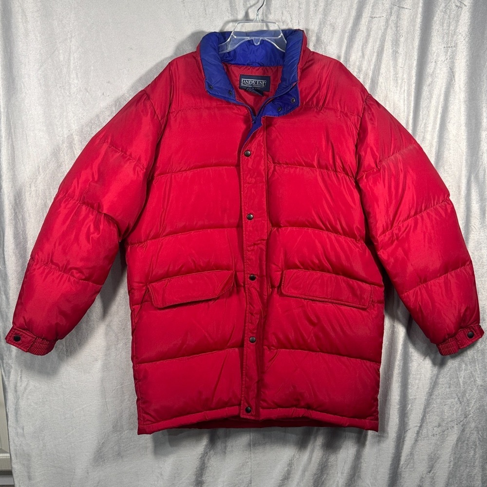 Vtg Lands' End Goose Down Puffer Ski Jacket Red Blue L Retro Y2K Winter Coat